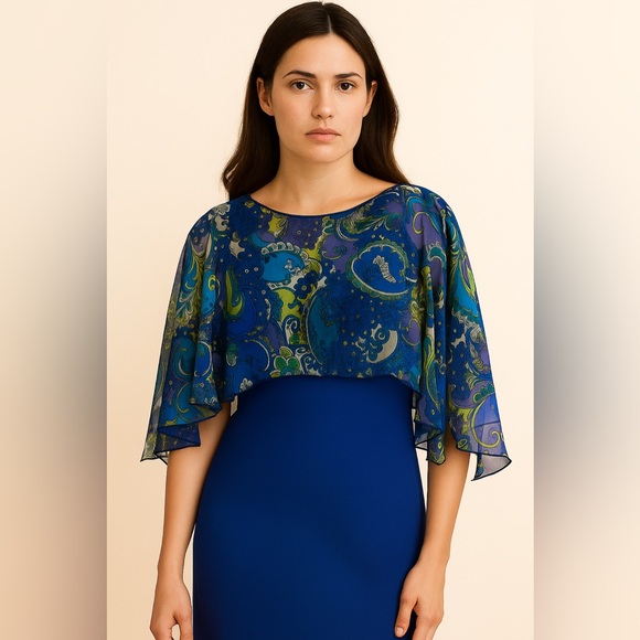 Reno Rose Accessories - Blue Asymmetrical Vintage multi-way Scarf Cape